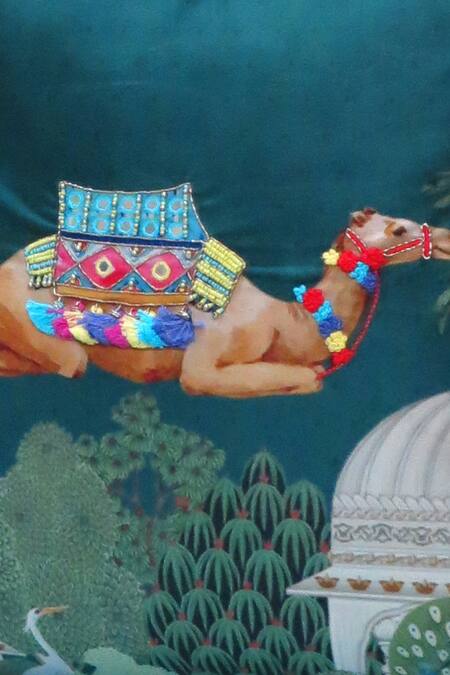 Mid July Home Blue Velvet Print, Embroidery Camel Set Of 2 Cushion Covers Online at Aza Fashions Mid July Home_Blue Velvet Print, Embroidery Camel Set Of 2 Cushion Covers_Online_at_Aza_Fashions