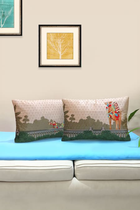 Mid July Home Pushkar Mela Embroidered Set Of 2 Cushion Covers 