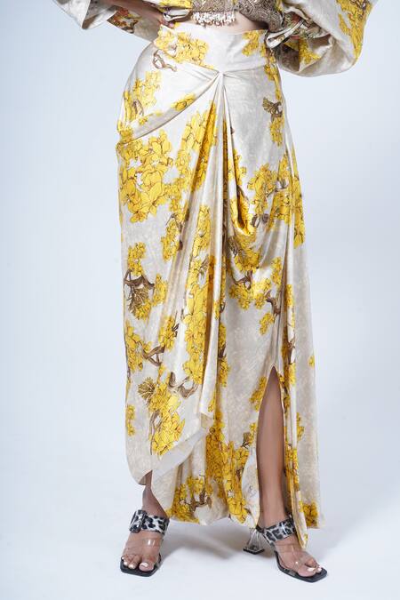 Buy_Anamika Khanna_White Silk Embroidery V-neck Floral Print Kaftan And Draped Skirt Set_Online_at_Aza_Fashions