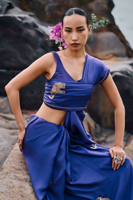 Buy The Whole Nine Yards Purple Silk Cut Work, Raskia Elephant Placement Embroidered Saree With Blouse Online at Aza Fashions Buy_The Whole Nine Yards_Purple Silk Cut Work, Raskia Elephant Placement Embroidered Saree With Blouse _Online_at_Aza_Fashions