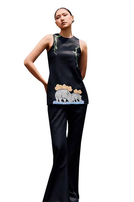 The Whole Nine Yards Black Silk Cut Work, Embroidery Round Neck Drsya Kurta And Ziva Pant Set Online at Aza Fashions The Whole Nine Yards_Black Silk Cut Work, Embroidery Round Neck Drsya Kurta And Ziva Pant Set _Online_at_Aza_Fashions