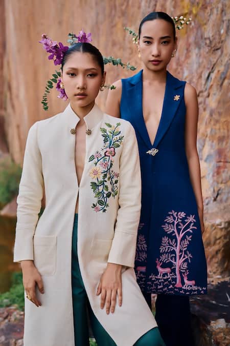 Shop The Whole Nine Yards Blue Silk Embroidery Collared Eta Eri Deer Scenery Jacket And Pant Set at Aza Fashions Shop_The Whole Nine Yards_Blue Silk Embroidery Collared Eta Eri Deer Scenery Jacket And Pant Set _at_Aza_Fashions