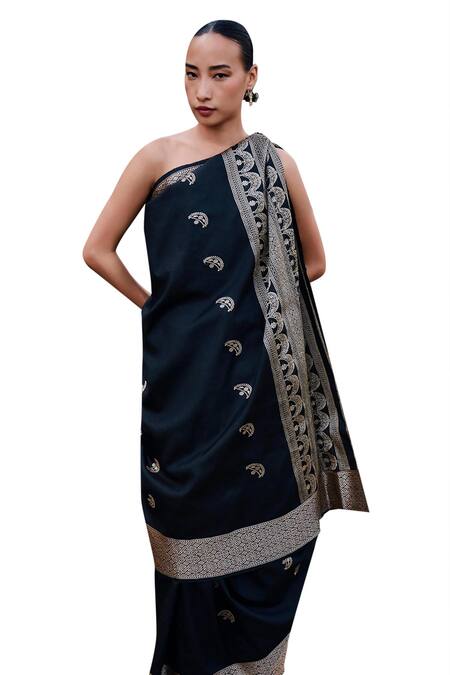 Buy The Whole Nine Yards Black Silk Hima Geometric Border Woven Saree With Unstitched Blouse Piece Online at Aza Fashions Buy_The Whole Nine Yards_Black Silk Hima Geometric Border Woven Saree With Unstitched Blouse Piece _Online_at_Aza_Fashions