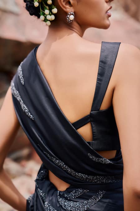 Shop The Whole Nine Yards Black Silk Beads, Embroidery Sweetheart Neck Nisha Wave Saree With Blouse at Aza Fashions Shop_The Whole Nine Yards_Black Silk Beads, Embroidery Sweetheart Neck Nisha Wave Saree With Blouse _at_Aza_Fashions