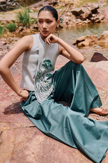 Buy The Whole Nine Yards Green Silk Embroidery Round Neck Hana Panelled Top And Flared Pant Set Buy_The Whole Nine Yards_Green Silk Embroidery Round Neck Hana Panelled Top And Flared Pant Set