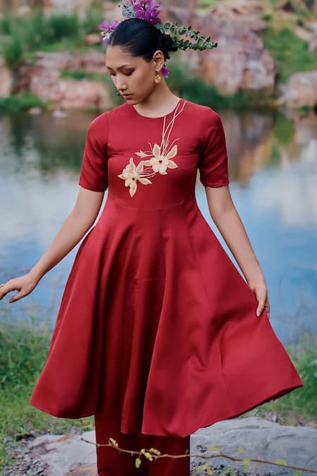 Shop_The Whole Nine Yards_Maroon Satin Embroidery Round Urmi Blooming Anarkali And Amogh Flared Pant Set _at_Aza_Fashions