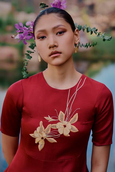 The Whole Nine Yards_Maroon Satin Embroidery Round Urmi Blooming Anarkali And Amogh Flared Pant Set _Online_at_Aza_Fashions