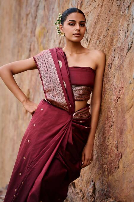 The Whole Nine Yards Maroon Silk Avasa Star Border Woven Saree With Unstitched Blouse Piece Online at Aza Fashions The Whole Nine Yards_Maroon Silk Avasa Star Border Woven Saree With Unstitched Blouse Piece _Online_at_Aza_Fashions