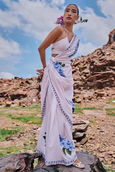 Shop The Whole Nine Yards Pink Silk Beads, Embroidery Halter Neck Kopou 3d Orchid Saree With Blouse at Aza Fashions Shop_The Whole Nine Yards_Pink Silk Beads, Embroidery Halter Neck Kopou 3d Orchid Saree With Blouse _at_Aza_Fashions