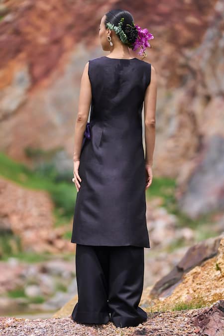 Shop The Whole Nine Yards Black Chanderi Moira Peacock Placement Embroidered Angarkha And Vibha Pant Set at Aza Fashions Shop_The Whole Nine Yards_Black Chanderi Moira Peacock Placement Embroidered Angarkha And Vibha Pant Set _at_Aza_Fashions