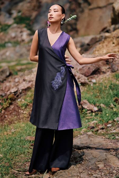 The Whole Nine Yards Black Chanderi Moira Peacock Placement Embroidered Angarkha And Vibha Pant Set Online at Aza Fashions The Whole Nine Yards_Black Chanderi Moira Peacock Placement Embroidered Angarkha And Vibha Pant Set _Online_at_Aza_Fashions