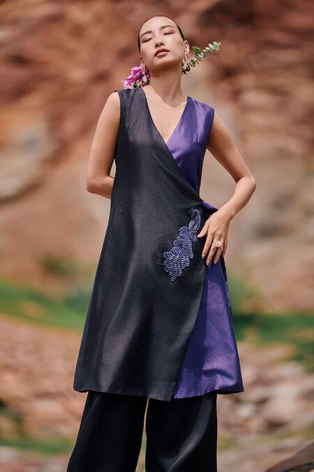 Shop The Whole Nine Yards Black Chanderi Moira Peacock Placement Embroidered Angarkha And Vibha Pant Set Online at Aza Fashions Shop_The Whole Nine Yards_Black Chanderi Moira Peacock Placement Embroidered Angarkha And Vibha Pant Set _Online_at_Aza_Fashions