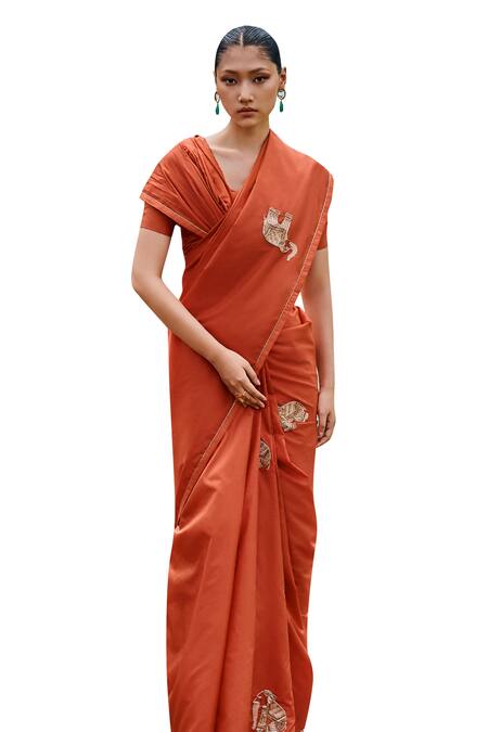 The Whole Nine Yards Orange Silk Sequins, Beads, Zari Rasika Elephant Embroidered Saree With Blouse Online at Aza Fashions The Whole Nine Yards_Orange Silk Sequins, Beads, Zari Rasika Elephant Embroidered Saree With Blouse _Online_at_Aza_Fashions