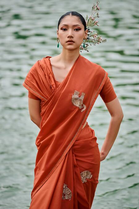 Buy The Whole Nine Yards Orange Silk Sequins, Beads, Zari Rasika Elephant Embroidered Saree With Blouse Online at Aza Fashions Buy_The Whole Nine Yards_Orange Silk Sequins, Beads, Zari Rasika Elephant Embroidered Saree With Blouse _Online_at_Aza_Fashions