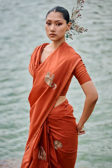 Shop The Whole Nine Yards Orange Silk Sequins, Beads, Zari Rasika Elephant Embroidered Saree With Blouse Online at Aza Fashions Shop_The Whole Nine Yards_Orange Silk Sequins, Beads, Zari Rasika Elephant Embroidered Saree With Blouse _Online_at_Aza_Fashions