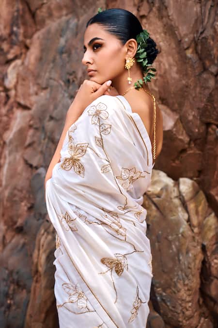 Shop_The Whole Nine Yards_White Silk Cut Work, Sequins Sikhiri Butterfly Embroidered Saree With Blouse _at_Aza_Fashions