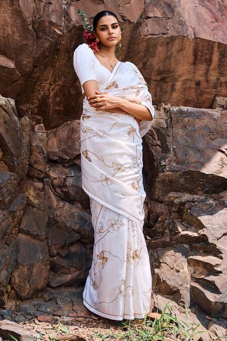 The Whole Nine Yards_White Silk Cut Work, Sequins Sikhiri Butterfly Embroidered Saree With Blouse _Online_at_Aza_Fashions