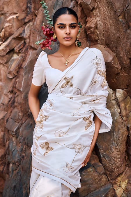 Buy_The Whole Nine Yards_White Silk Cut Work, Sequins Sikhiri Butterfly Embroidered Saree With Blouse _Online_at_Aza_Fashions