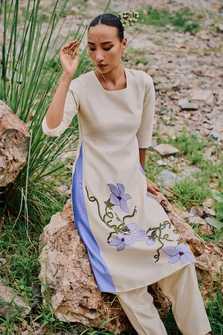 The Whole Nine Yards Off White Silk, Chiffon Cut Kusuma Wildflower Embroidered Kurta And Luit Pant Set Online at Aza Fashions The Whole Nine Yards_Off White Silk, Chiffon Cut Kusuma Wildflower Embroidered Kurta And Luit Pant Set _Online_at_Aza_Fashions