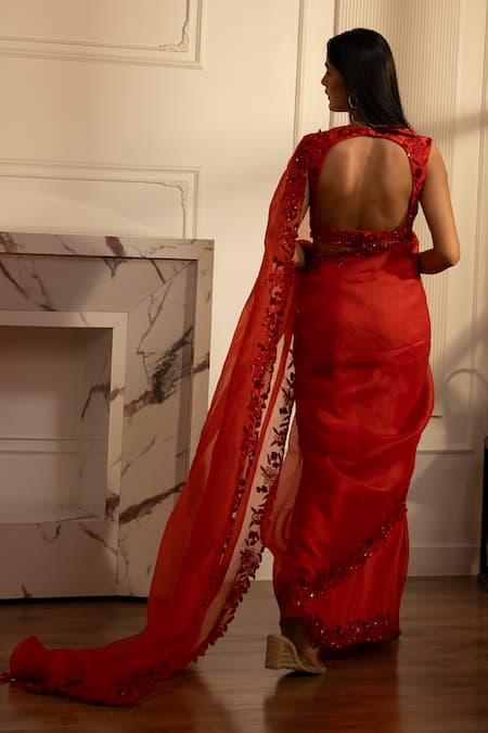 House Of Karmah Floral Embroidered Cascade Saree With Blouse 