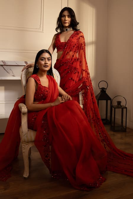 House Of Karmah_Red Crepe, Silk Organza Beads, Stones, Floral Cascade Saree With Blouse _Online_at_Aza_Fashions
