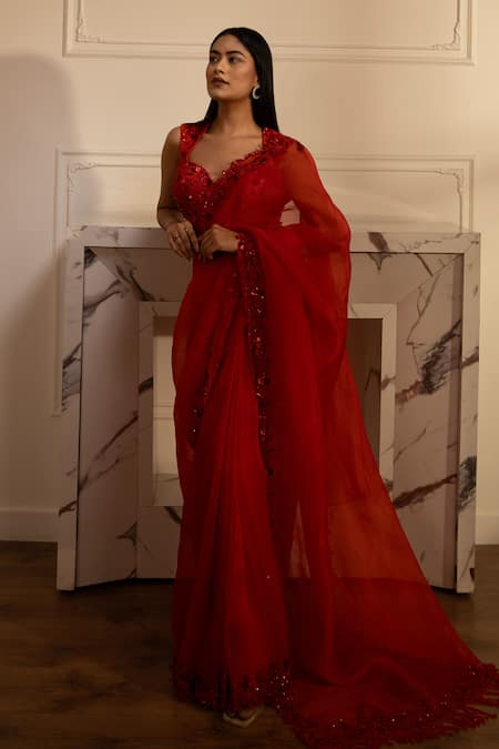 Buy_House Of Karmah_Red Crepe, Silk Organza Beads, Stones, Floral Cascade Saree With Blouse _Online_at_Aza_Fashions