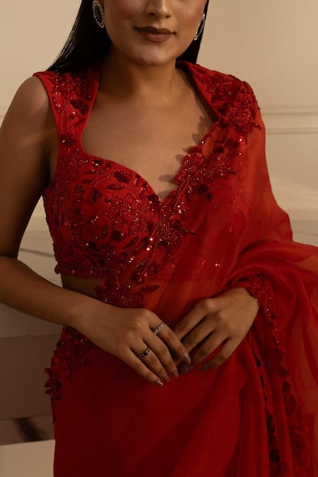 Shop_House Of Karmah_Red Crepe, Silk Organza Beads, Stones, Floral Cascade Saree With Blouse _Online_at_Aza_Fashions