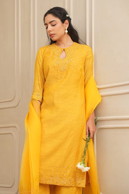 House Of Karmah_Yellow Silk Organza, Tussar Sequins, Beads, Radiance Resham Kurta And Pant Set _Online_at_Aza_Fashions