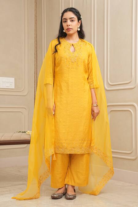 Shop_House Of Karmah_Yellow Silk Organza, Tussar Sequins, Beads, Radiance Resham Kurta And Pant Set _Online_at_Aza_Fashions