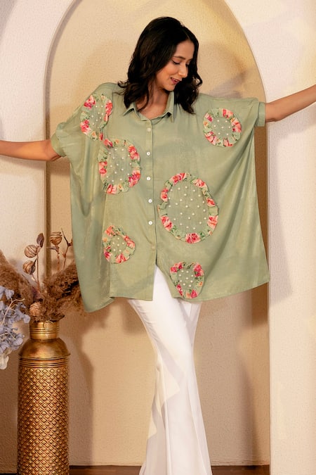 B'Infinite Green Soft Linen Printed Floral Collar Camellia Shirt 