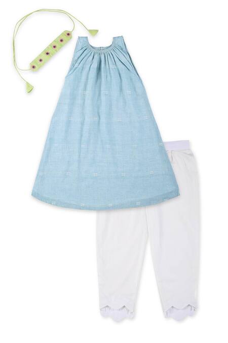 Shop Miko Lolo Blue Tunic 100% Jamdani Cotton Lined With Soft Mul Cotton, Baadal And Pant Set Online at Aza Fashions Shop_Miko Lolo_Blue Tunic 100% Jamdani Cotton Lined With Soft Mul Cotton, Baadal And Pant Set_Online_at_Aza_Fashions