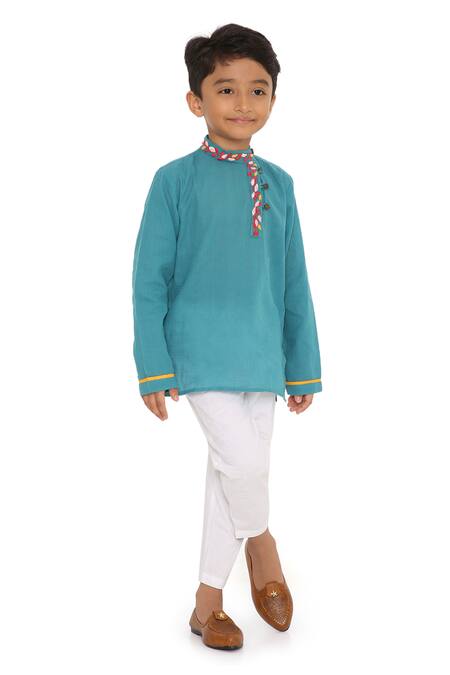 Miko Lolo_Blue Cotton Embroidery Thread Ambar Short Kurta_Online_at_Aza_Fashions