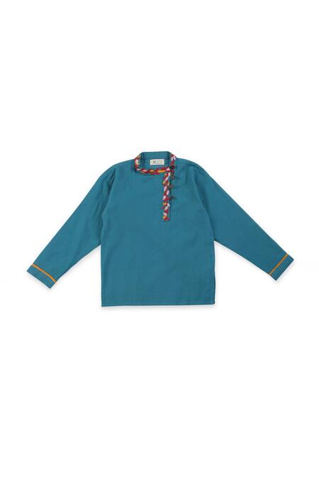 Shop_Miko Lolo_Blue Cotton Embroidery Thread Ambar Short Kurta_Online_at_Aza_Fashions