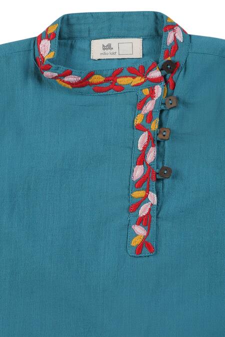 Miko Lolo_Blue Cotton Embroidery Thread Ambar Short Kurta_at_Aza_Fashions