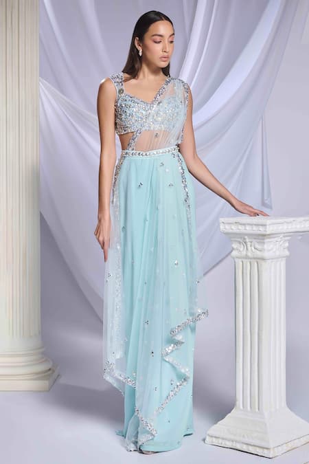 Papa Don't Preach Royal Aqua Saree Set 