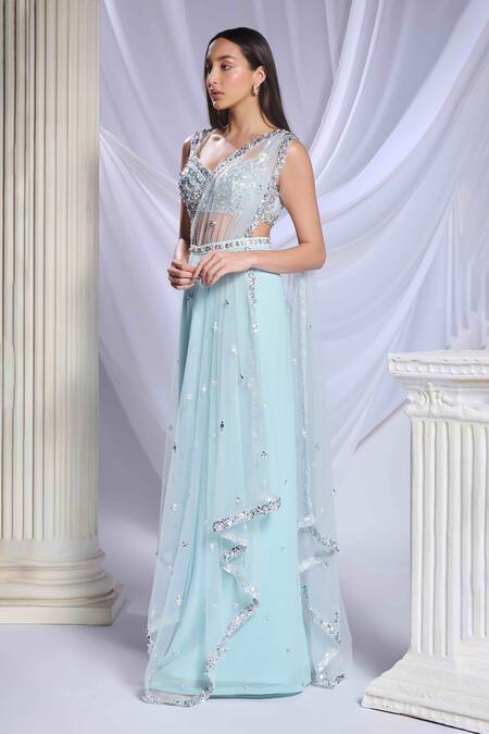 Buy Papa Don't Preach Blue Tulle Embroidery, Metallic Thread, Pearls Sweetheart Royal Aqua Saree Set Online at Aza Fashions Buy_Papa Don't Preach_Blue Tulle Embroidery, Metallic Thread, Pearls Sweetheart Royal Aqua Saree Set _Online_at_Aza_Fashions