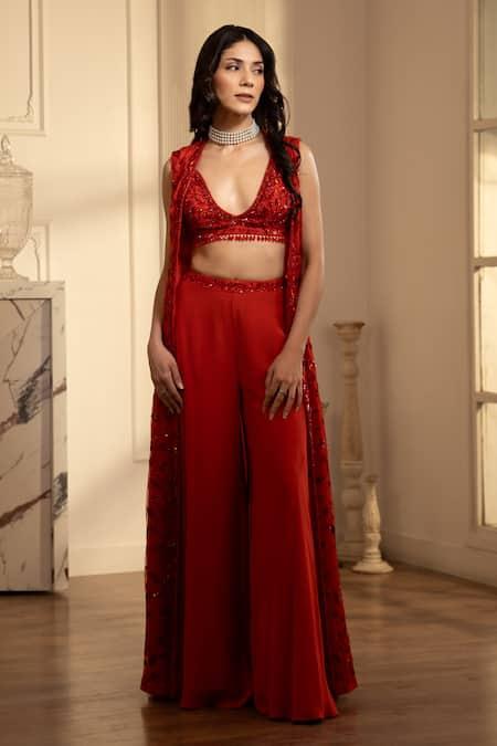 HOUSE OF KÀRMÀH Red Crepe Tulle Embroidered Floral Regal Scarlet Sharara Set With Jacket 