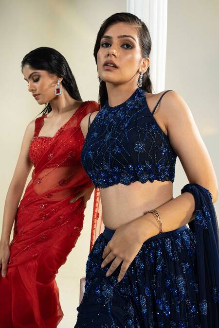 House Of KàRMàH Blue Tulle, Crepe Embroidery Halter Neck Midnight Majesty Lehenga Set Online at Aza Fashions House Of KàRMàH_Blue Tulle, Crepe Embroidery Halter Neck Midnight Majesty Lehenga Set _Online_at_Aza_Fashions