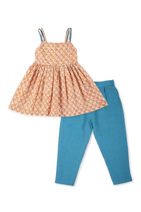 Miko Lolo_Orange Tunic Organic , Trouser 100% Block Genda And Ambar Set_at_Aza_Fashions