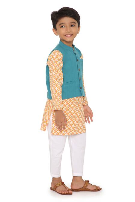 Miko Lolo_Orange Kurta And Churidar Organic & Bundi Block Print Genda Set_Online_at_Aza_Fashions