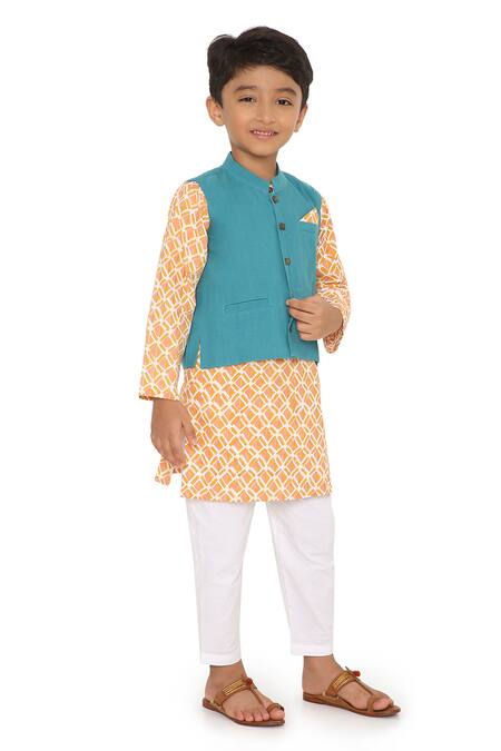 Buy_Miko Lolo_Orange Kurta And Churidar Organic & Bundi Block Print Genda Set_Online_at_Aza_Fashions