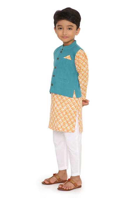 Shop_Miko Lolo_Orange Kurta And Churidar Organic & Bundi Block Print Genda Set_Online_at_Aza_Fashions