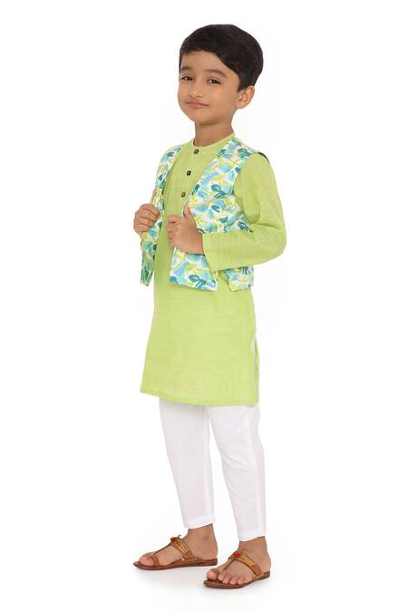 Miko Lolo_Green Kurta 100% Cottonpyjama And Jacket Organic Cotton Block Print Nimbu Set_Online_at_Aza_Fashions