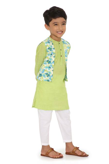 Buy_Miko Lolo_Green Kurta 100% Cottonpyjama And Jacket Organic Cotton Block Print Nimbu Set_Online_at_Aza_Fashions