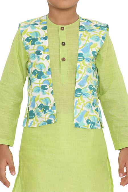 Shop_Miko Lolo_Green Kurta 100% Cottonpyjama And Jacket Organic Cotton Block Print Nimbu Set_Online_at_Aza_Fashions