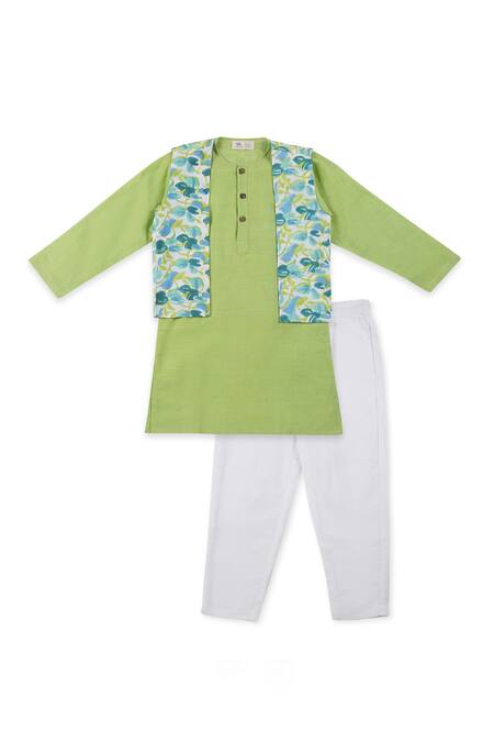 Miko Lolo_Green Kurta 100% Cottonpyjama And Jacket Organic Cotton Block Print Nimbu Set_at_Aza_Fashions