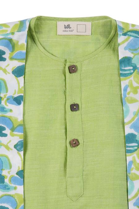 Buy_Miko Lolo_Green Kurta 100% Cottonpyjama And Jacket Organic Cotton Block Print Nimbu Set