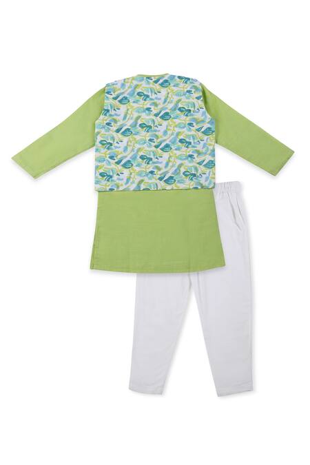 Shop_Miko Lolo_Green Kurta 100% Cottonpyjama And Jacket Organic Cotton Block Print Nimbu Set