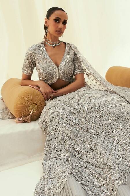 Buy_Rococo_Grey Net Sequins, Cut Work V-neck Embroidered Lehenga Blouse Set _Online_at_Aza_Fashions