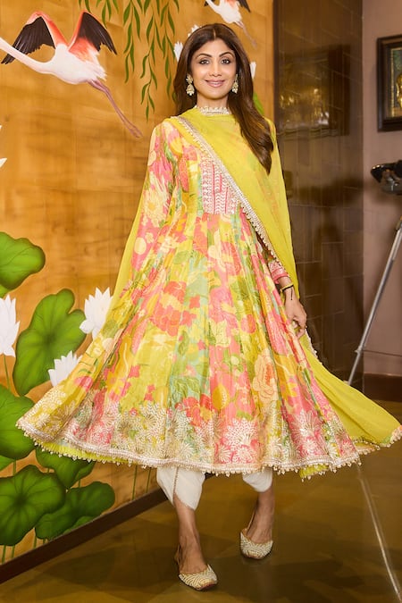 Gopi Vaid Multi Color Chiffon, Cotton Floral Bloom Print Anarkali Dhoti Pant Set at Aza Fashions Gopi Vaid_Multi Color Chiffon, Cotton Floral Bloom Print Anarkali Dhoti Pant Set _at_Aza_Fashions